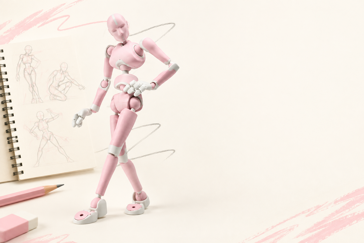 ぽん豆°さんのStickybonesレビュー記事。ローズクォーツ色のポージングフィギュアとデッサンスケッチ